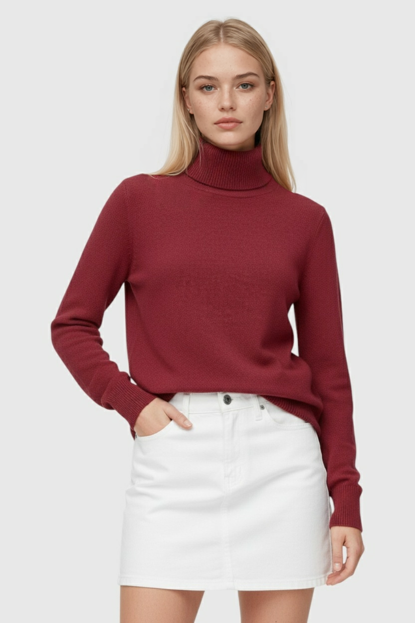Lumina Wear Victoria elegant slim fit burgundy turtleneck sweater on a model, showcasing stylish knitwear for women.