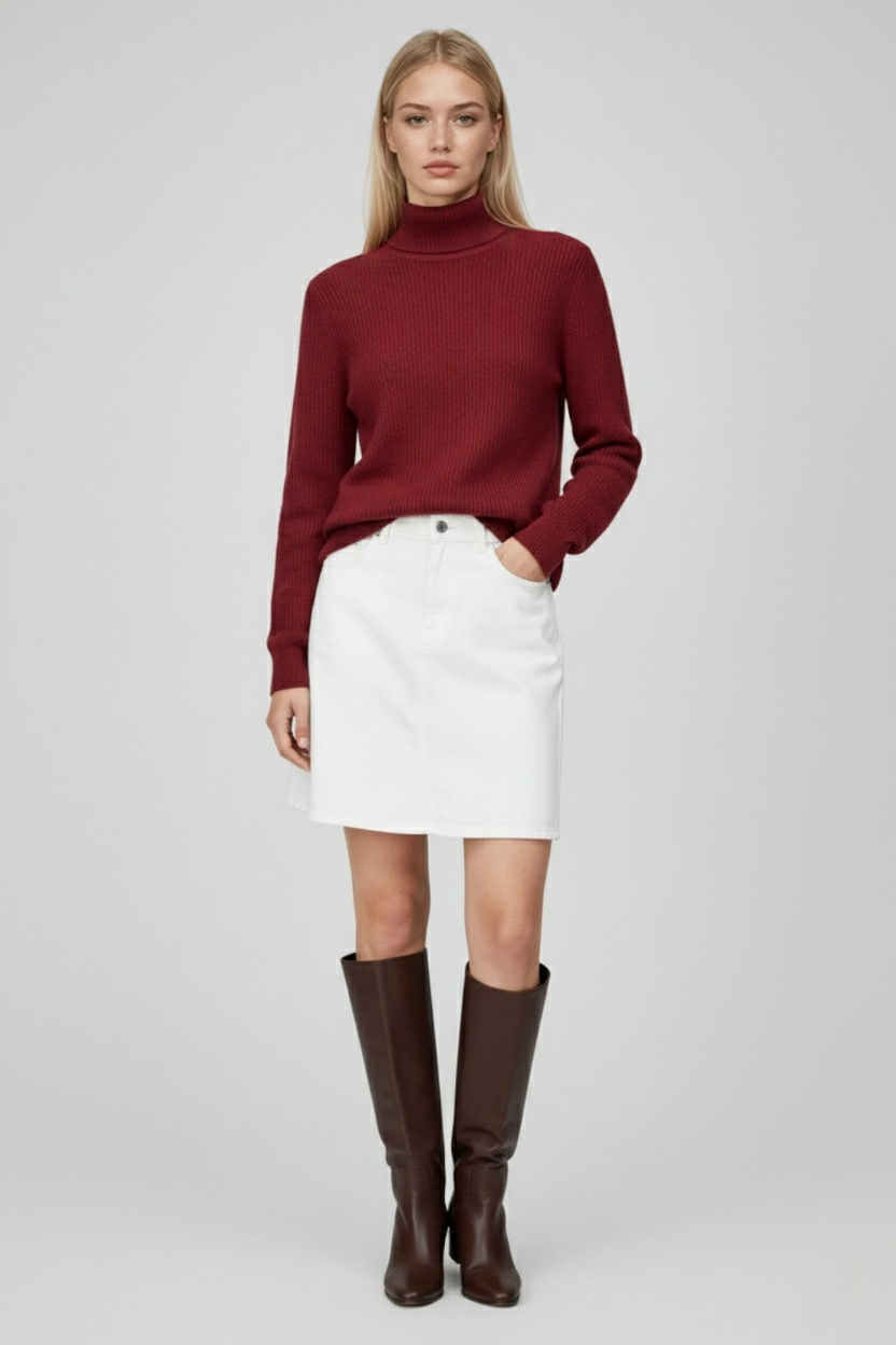 Lumina Wear Victoria burgundy slim fit turtleneck sweater, stylish and elegant for women, made from soft knit fabric.