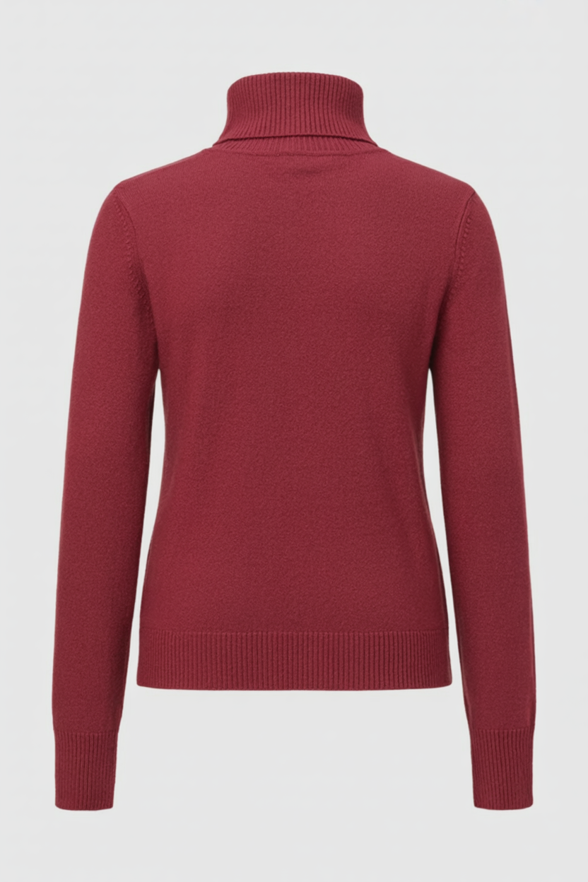Lumina Wear Victoria Burgundy Slim Fit Turtleneck Sweater, close-up of stylish knit fabric and fitted design.