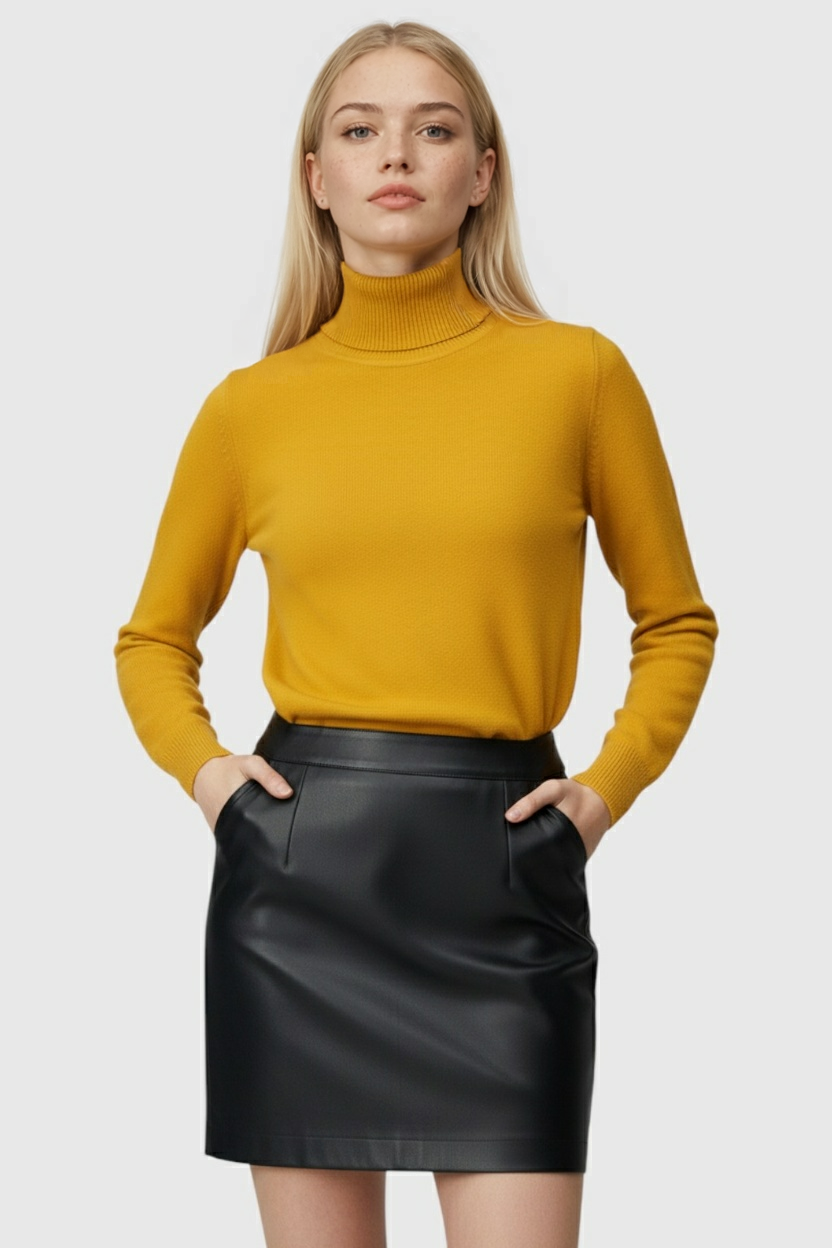 Grey Victoria Lumina Wear slim fit turtleneck sweater, close-up of the elegant, snug sweater with high neckline.