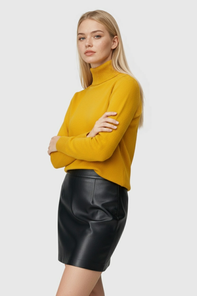 Lumina Wear Victoria grey slim fit turtleneck sweater with elegant design, shown on a model.