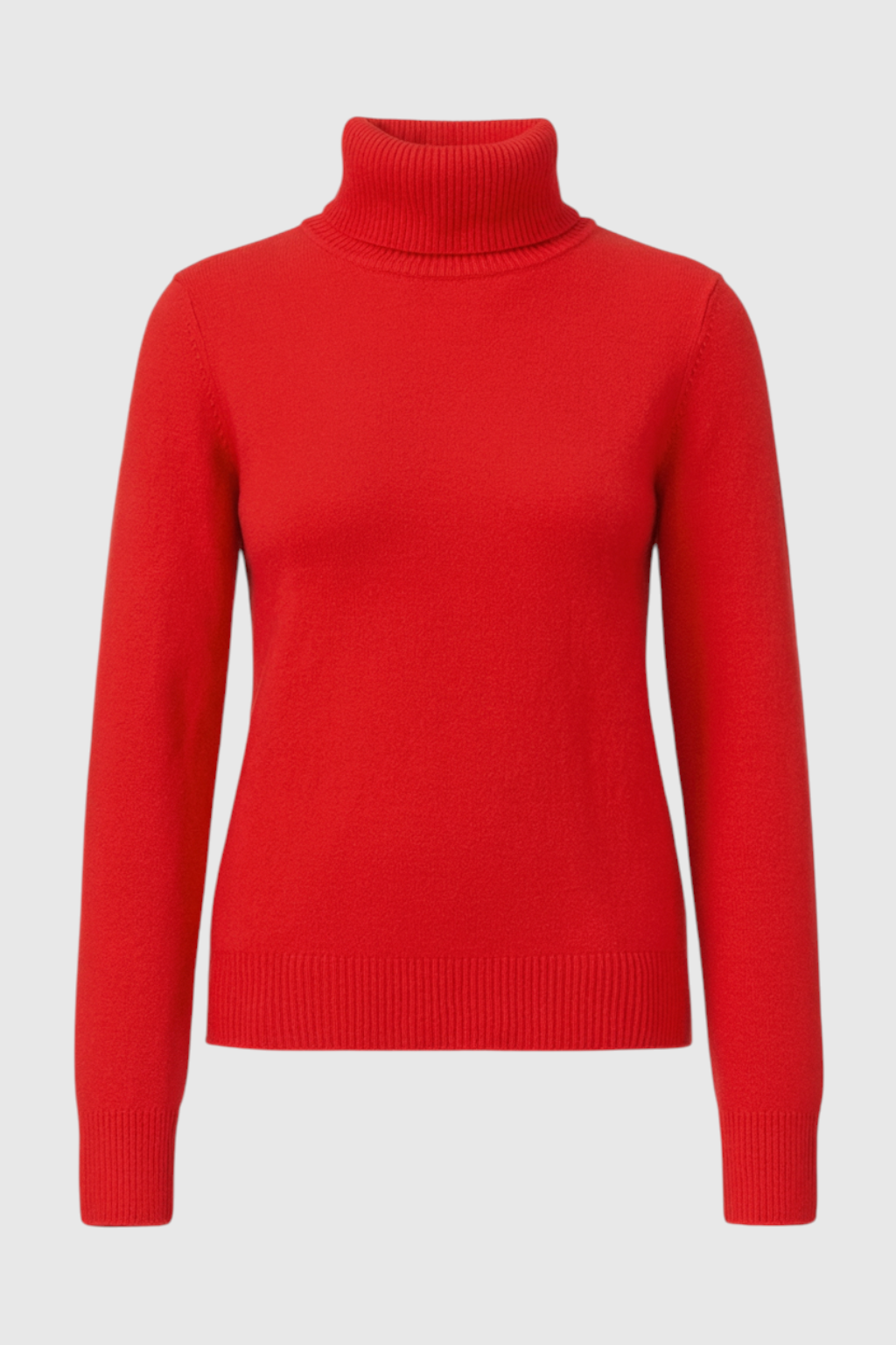 Lumina Wear Victoria red turtleneck sweater with a slim fit and velvety finish, showcasing a cozy, stylish knit design.