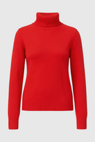 Lumina Wear Victoria red turtleneck sweater with a slim fit and velvety finish, showcasing a cozy, stylish knit design.