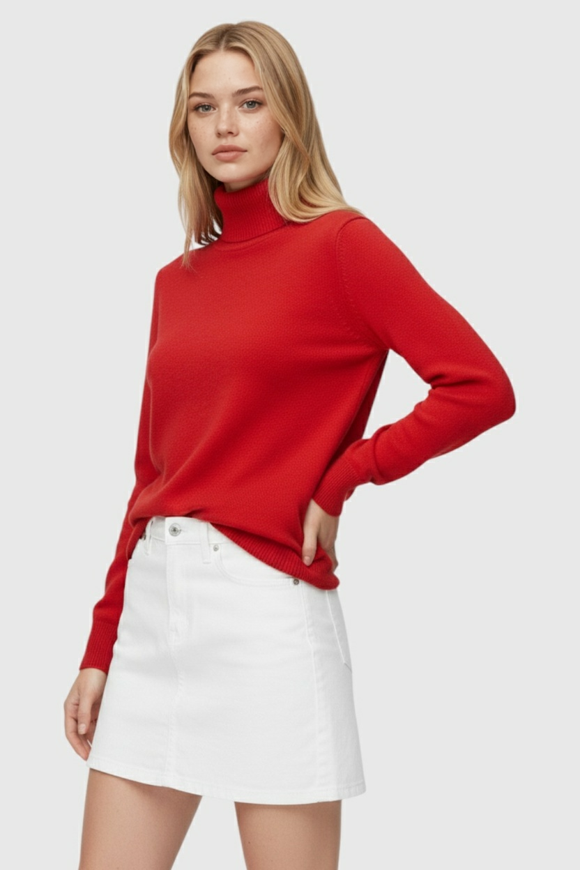 Lumina Wear Victoria slim red turtleneck sweater with velvety finish, showcasing a fitted style and soft texture.