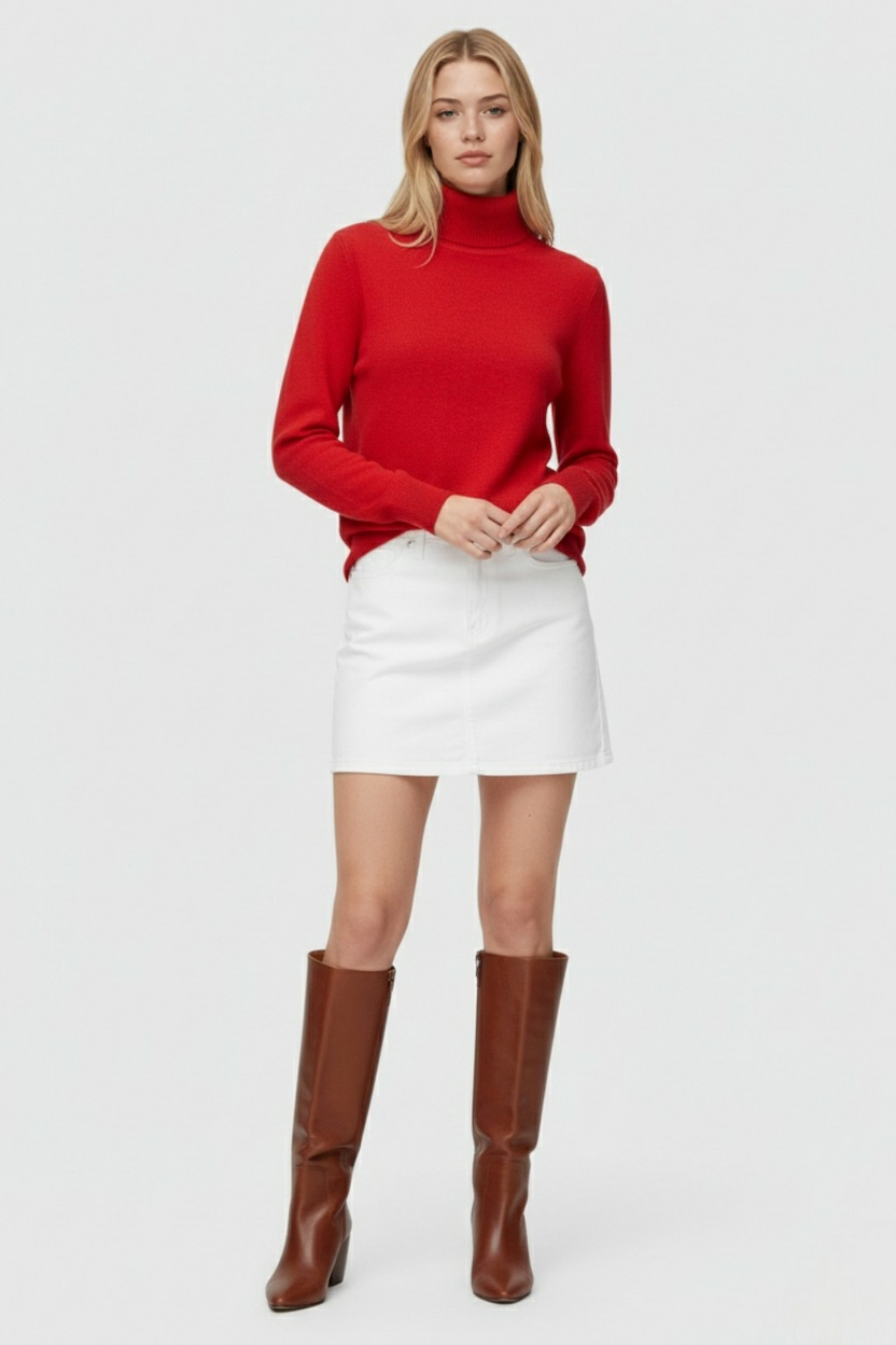Lumina Wear Victoria slim red turtleneck sweater with velvety finish, showcasing its elegant fit and rich color.