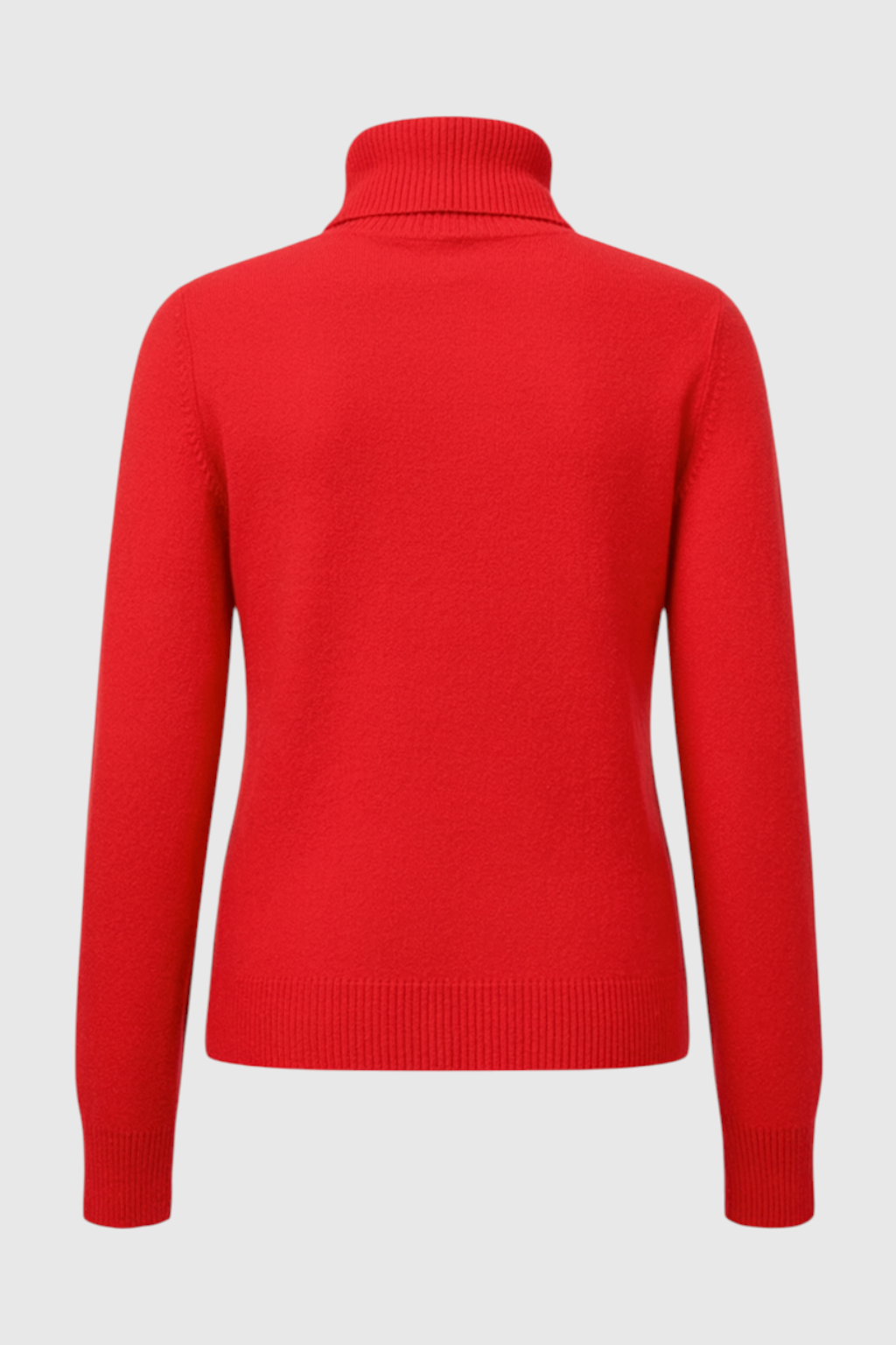 Lumina Wear Victoria elegant slim red turtleneck sweater with velvety finish, showcasing a fitted design and cozy fabric.