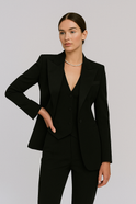 Black Victoria tailored summer suit set with structured layers by Lumina Wear, featuring elegant design and precise tailoring.