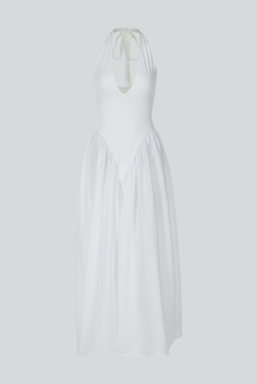 Elegant white midi dress with tailored fit by Lumina Wear, showcased on a model, highlighting its sophisticated design.