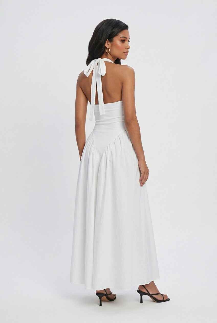 Elegant white Victoria midi dress by Lumina Wear featuring a tailored fit, showcased on a model.