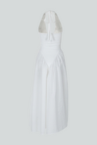 Elegant white midi dress by Lumina Wear featuring a tailored fit and sophisticated style, perfect for formal occasions.
