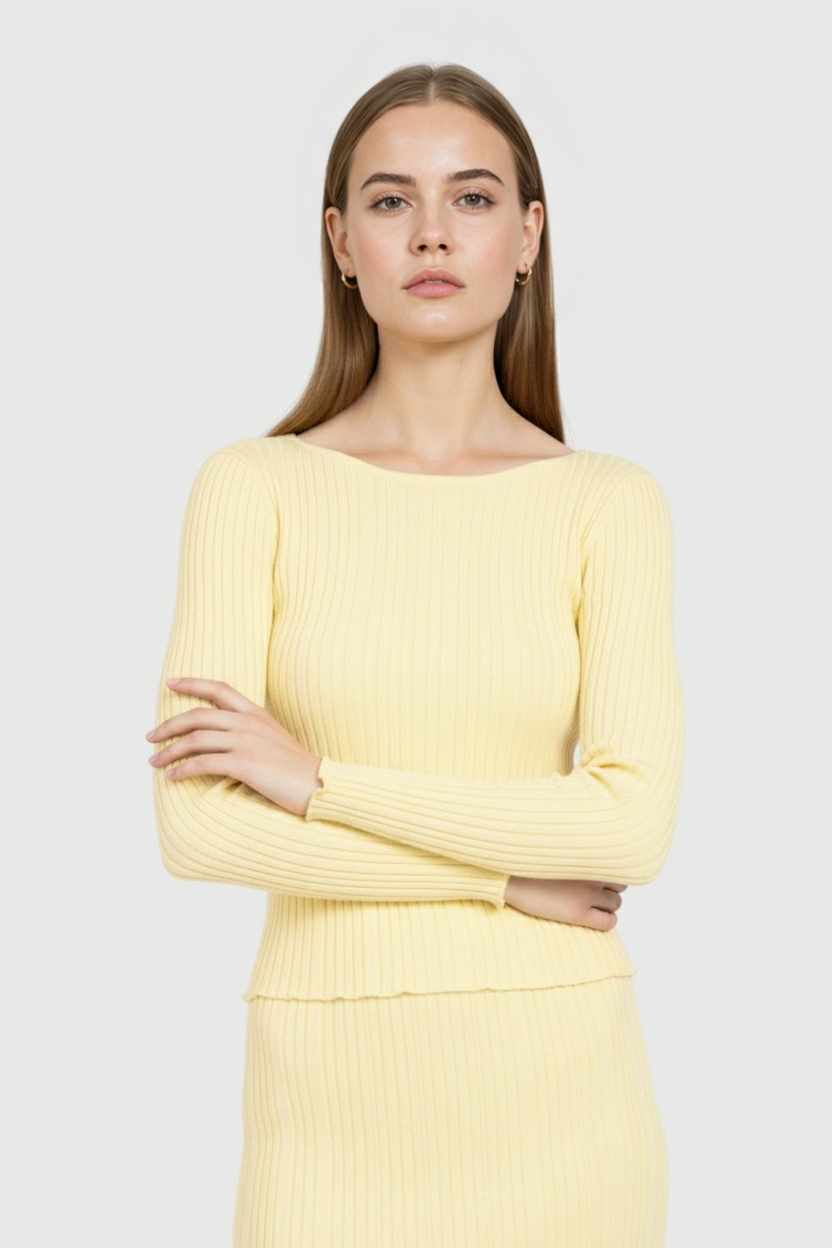 Elegant yellow knitted maxi skirt set with slim fit by Lumina Wear, featuring a stylish and comfortable design.