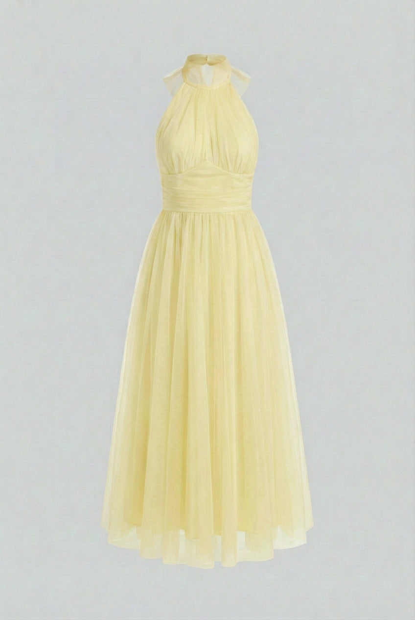 Elegant yellow Victoria midi dress with high neck design by Lumina Wear, perfect for women’s stylish occasions.