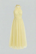 Elegant yellow midi dress with high neck design from Lumina Wear, perfect for stylish women’s fashion.