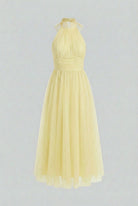 Elegant yellow Victoria midi dress with high neck design by Lumina Wear, perfect for women’s stylish occasions.
