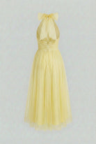 Yellow midi dress with high neckline from Lumina Wear, elegant women's dress featuring a sophisticated and stylish design.