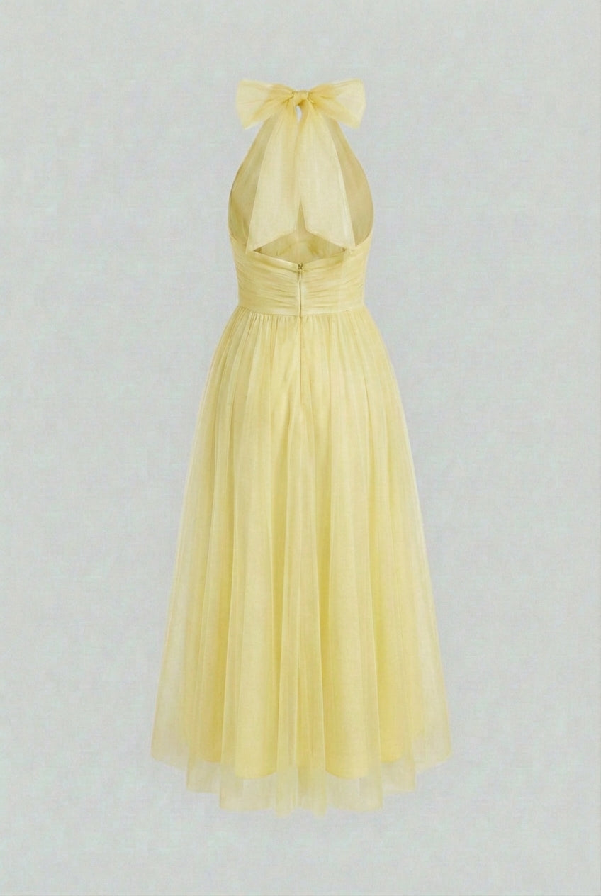 Yellow midi dress with high neckline from Lumina Wear, elegant women's dress featuring a sophisticated and stylish design.