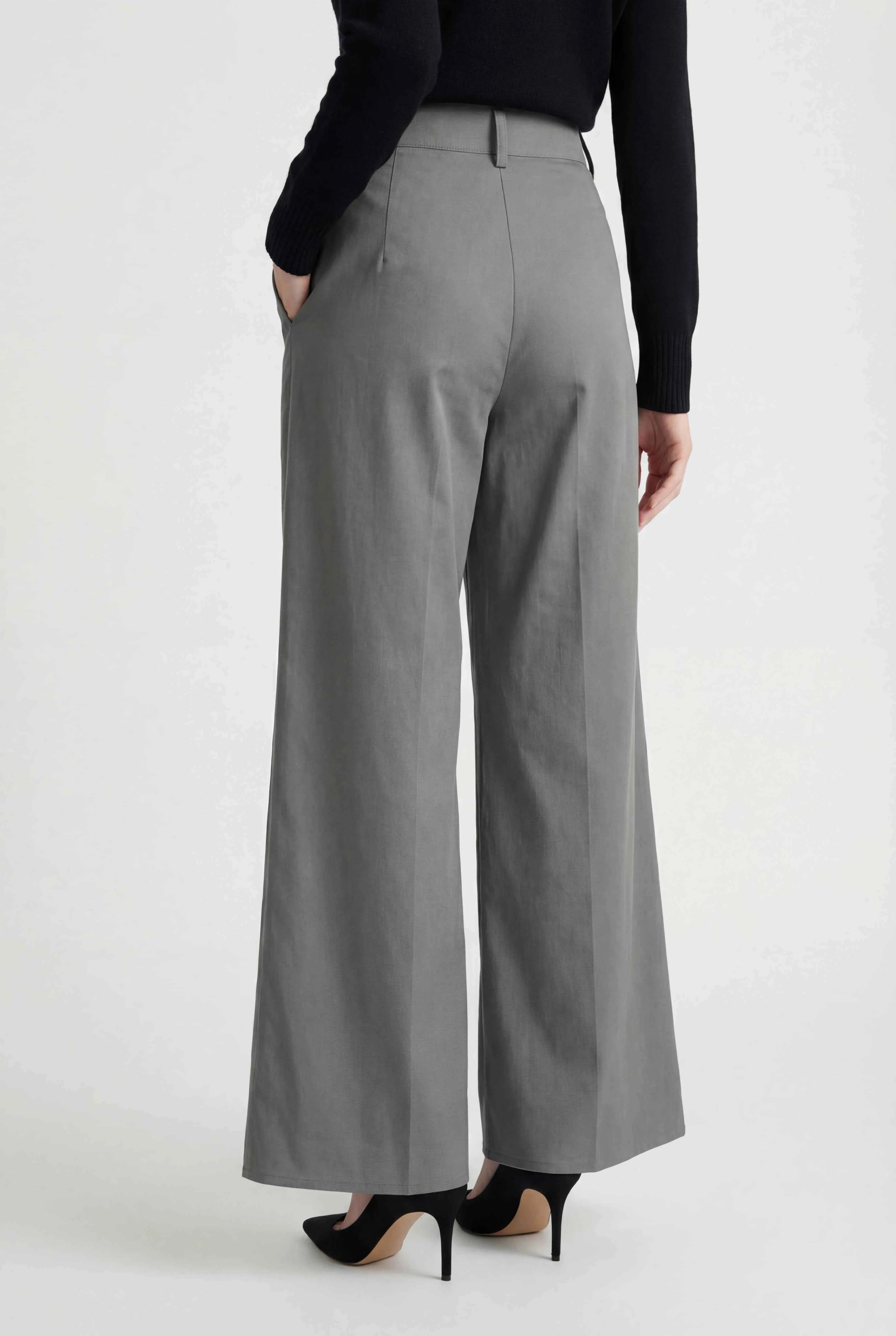 Gray Victoria high-waist palazzo pants for women by Lumina Wear, flowy and comfortable with a relaxed fit.