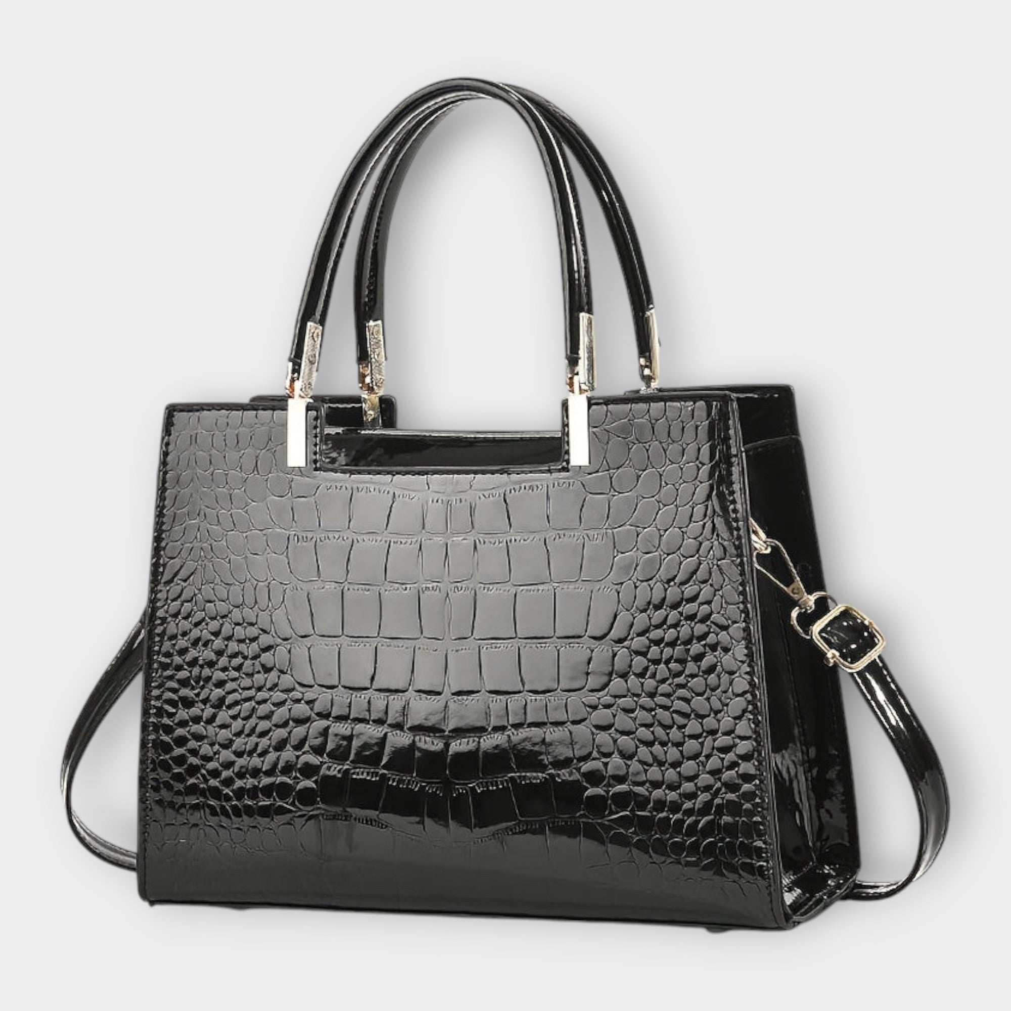 Black Victoria glossy crocodile pattern handbag by Lumina Wear featuring a structured design and elegant craftsmanship.