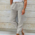 Light beige Victoria lightweight summer trousers with elastic waist by Lumina Wear, shown on a model.