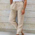 Light beige lightweight summer trousers with elastic waistband from Lumina Wear, casual pants for warm weather.
