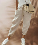 Victoria lightweight black casual pants with elastic waist from Lumina Wear, shown in beige for women.