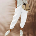 Victoria lightweight black casual pants by Lumina Wear with elastic waist, shown in beige, styled for women's comfortable everyday wear.
