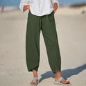 Victoria Lumina lightweight relaxed fit white trousers, casual pants with comfortable fit and subtle khaki accents.