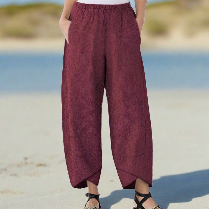 Victoria Lumina lightweight relaxed fit white casual pants, shown in khaki color, casual style, XS size, made by Lumina Wear.