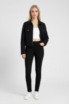 Black Victoria modern cropped jacket with pockets by Lumina Wear, featuring a stylish, contemporary design and lightweight fabric.