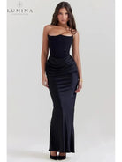 Victoria Noir satin black maxi dress by Lumina Vancouver, elegant wedding guest dress with sophisticated design.