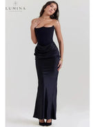 Victoria Noir satin black maxi dress by Lumina Vancouver, elegant wedding guest dress with sophisticated fit and flowing design.