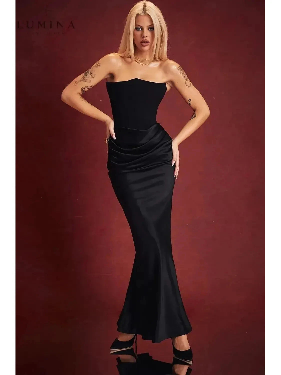 Victoria Noir satin black maxi dress by Lumina Wear, elegant evening gown with a sophisticated, flowing design for formal events.