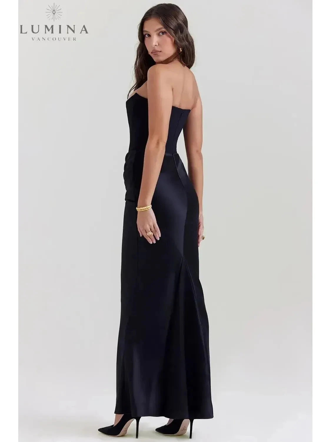 Victoria Noir sophisticated black maxi dress by Lumina Vancouver, elegant satin wedding guest dress with a fitted silhouette.