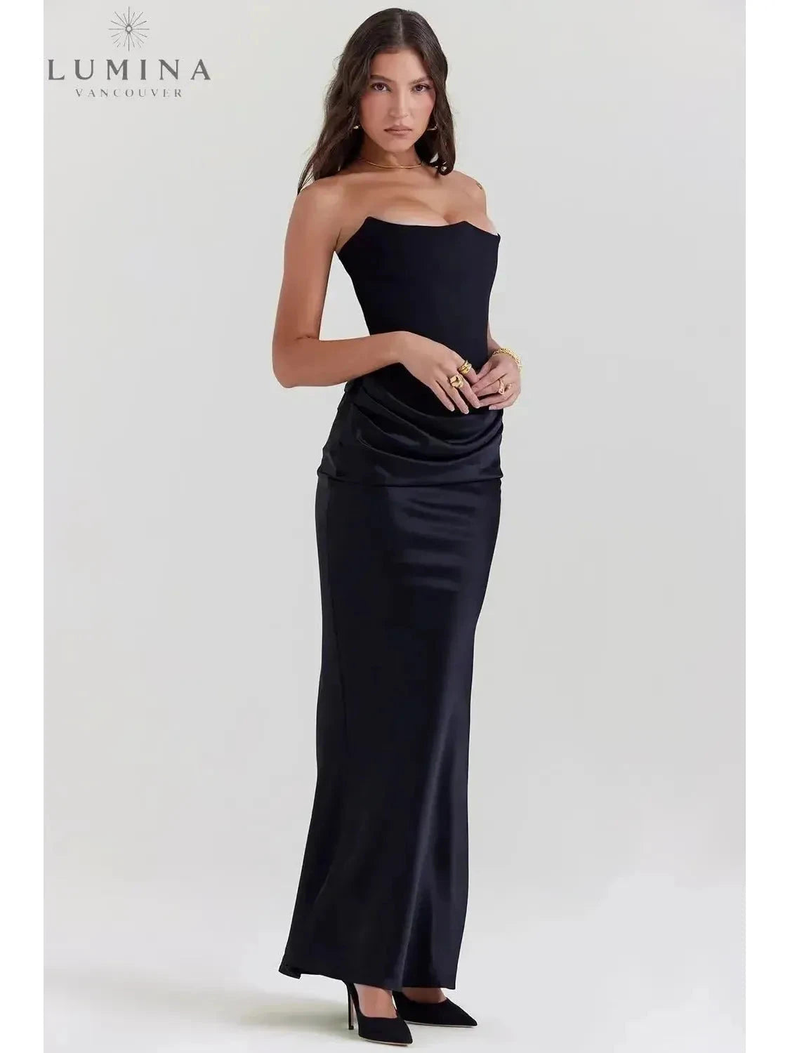 Victoria Noir sophisticated satin black maxi dress by Lumina Vancouver, perfect for wedding guests, shown in XS size.