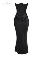 Victoria Noir satin black maxi dress by Lumina Vancouver, elegant wedding guest dress with sophisticated design and flowing fabric.