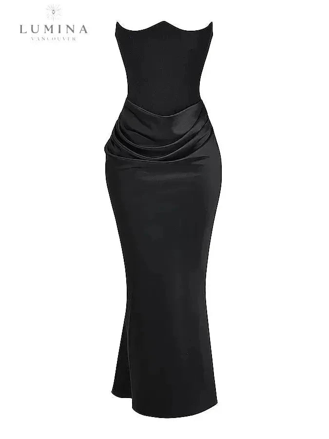 Victoria Noir satin black maxi dress by Lumina Vancouver, elegant wedding guest dress with sophisticated design and flowing fabric.