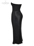Victoria Noir sophisticated satin black maxi dress by Lumina Vancouver, perfect for wedding guest occasions.