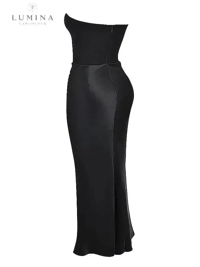 Victoria Noir sophisticated satin black maxi dress by Lumina Vancouver, perfect for wedding guest occasions.