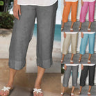 Victoria beige linen trousers with drawcord by Lumina Wear, relaxed fit, lightweight fabric, shown on a model.