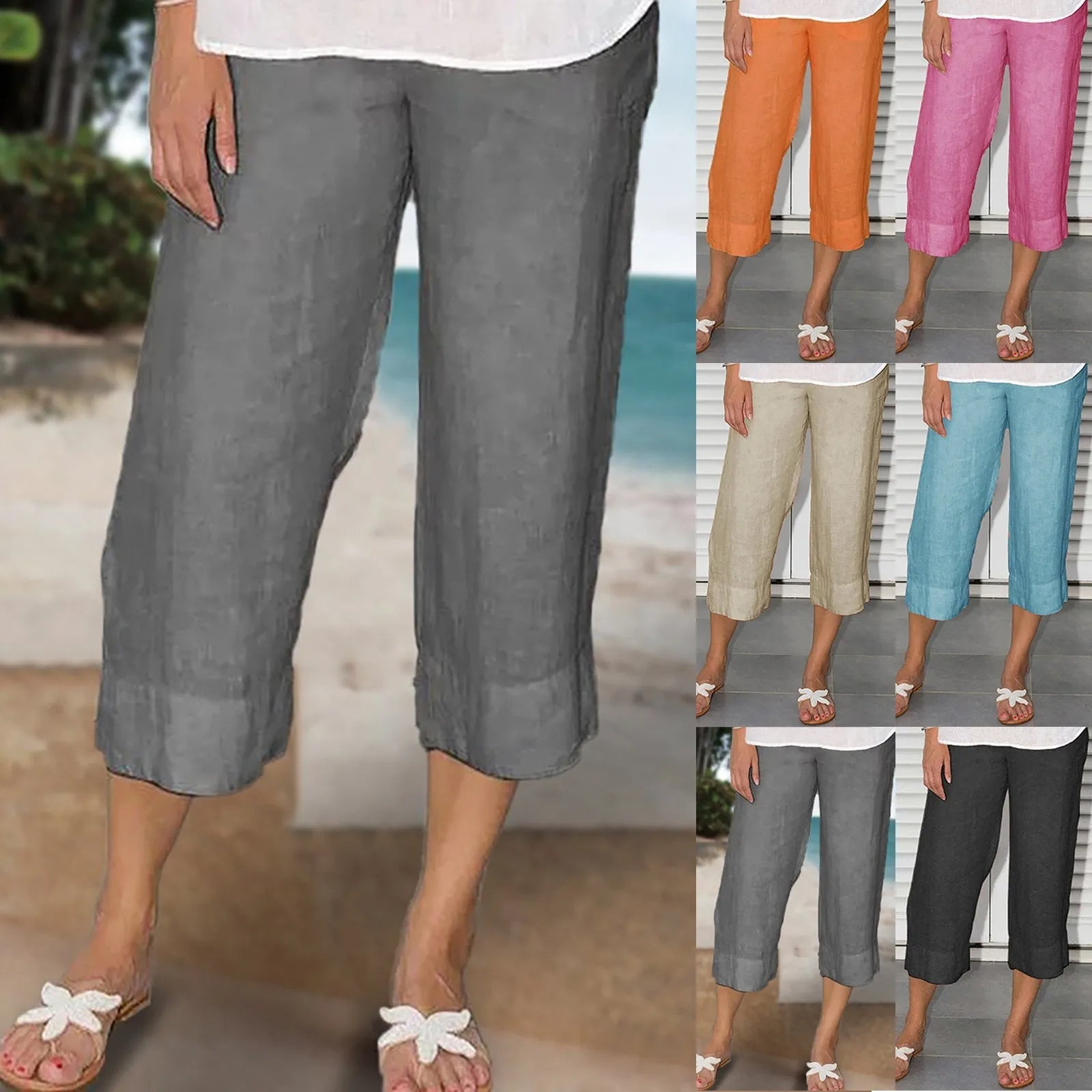 Victoria beige linen trousers with drawcord by Lumina Wear, relaxed fit, lightweight fabric, shown on a model.