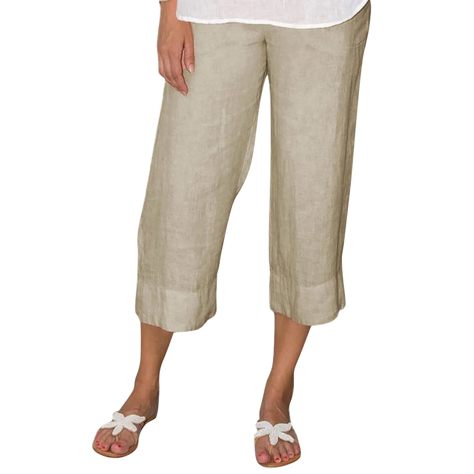 Victoria beige linen trousers with drawcord from Lumina Wear, relaxed fit, shown with waist and leg details.