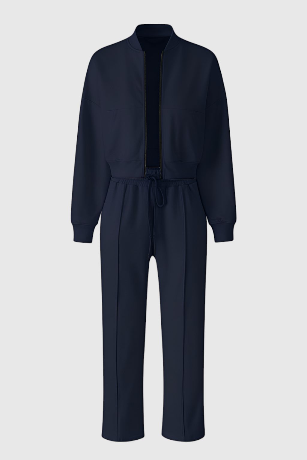 Victoria dark blue activewear set by Lumina Wear, relaxed fit sweatpants and sweatshirt with zipper accents, casual sportswear.