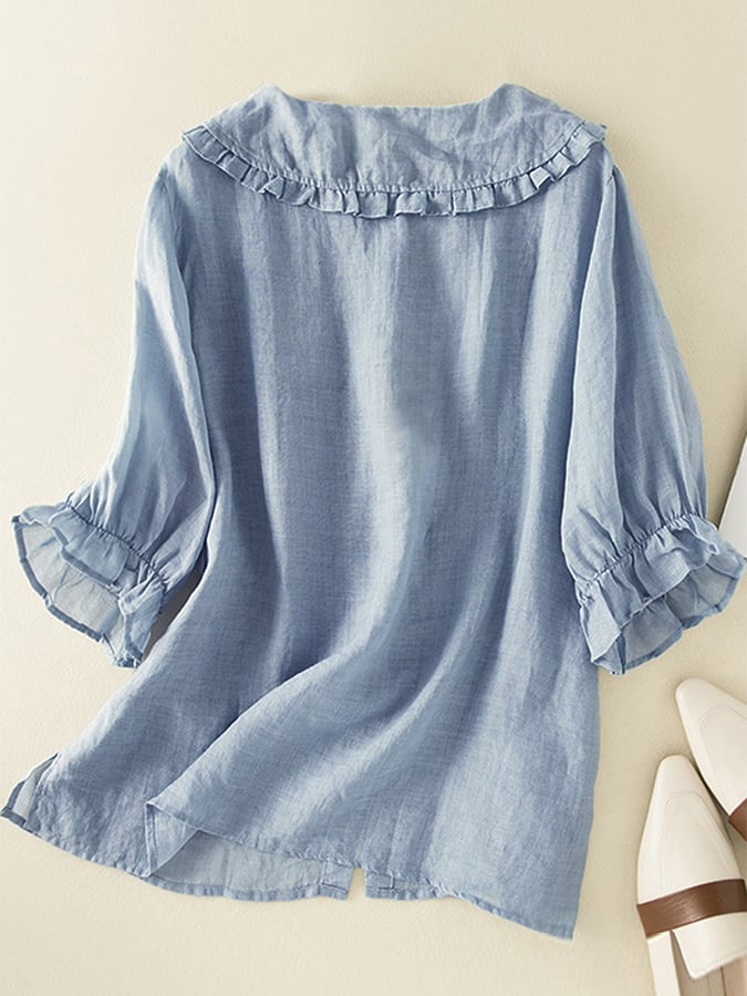 Blue Victoria relaxed fit ruffle collar top for women, stylish summer Lumina Wear women's top with casual, effortless design.