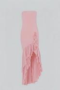 Victoria pink evening dress with ruffle details by Lumina Wear, featuring a flowing silhouette and elegant design.