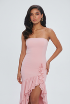 Victoria romantic pink evening dress with ruffle details by Lumina Wear, featuring flowy fabric and elegant design for women.