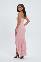 Victoria pink evening dress with ruffle details by Lumina Wear, featuring elegant flowy fabric and romantic design for women.