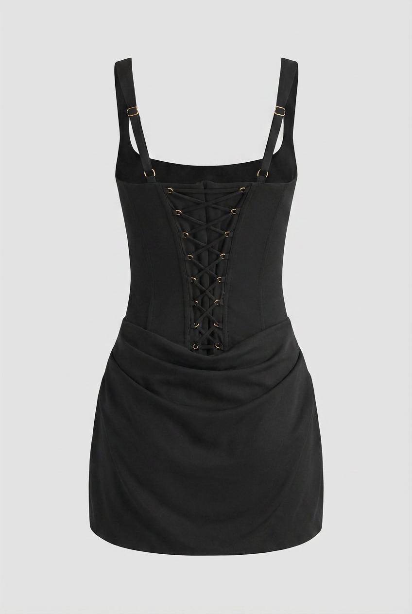 Victoria black mini dress by Lumina Wear featuring a sculpted fit and hourglass silhouette, perfect for stylish evening wear.