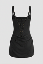 Victoria black mini dress by Lumina Wear featuring a sculpted fit and hourglass silhouette, perfect for stylish evening wear.