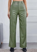 Victoria Lumina women's slim fit black leather trousers with soft finish, shown on a model in an outdoor setting.