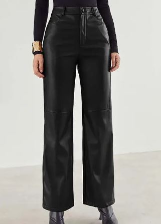 Victoria Lumina slim fit black leather trousers for women with soft finish, shown on a model.